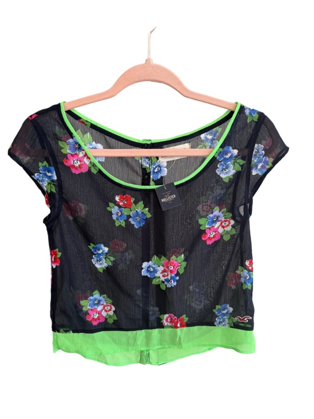 Y2K Hollister Blue Floral Sheer Feminine Cap-Sleeve Top with Neon Green Trim XS